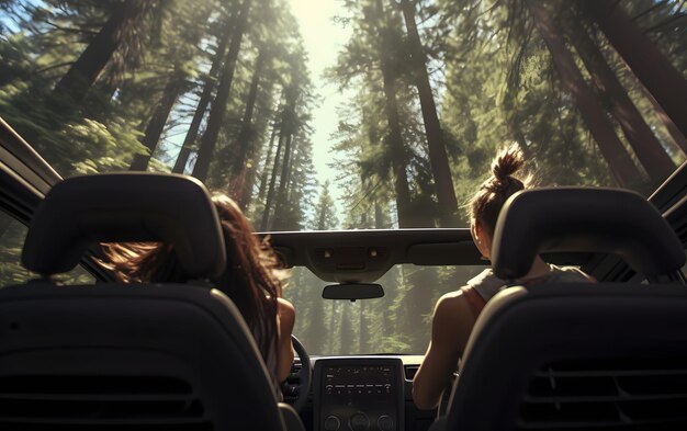 Two girls in a car with their hands up driving at summer