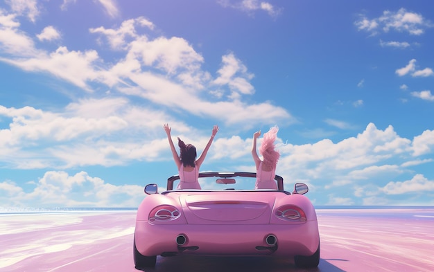 Two girls in a car with their hands up driving at summer