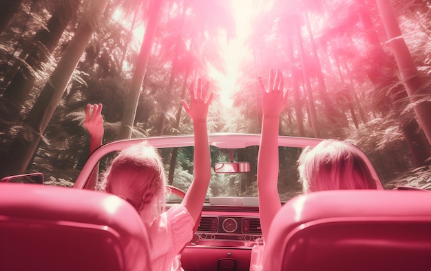 Two girls in a car with their hands up driving at summer