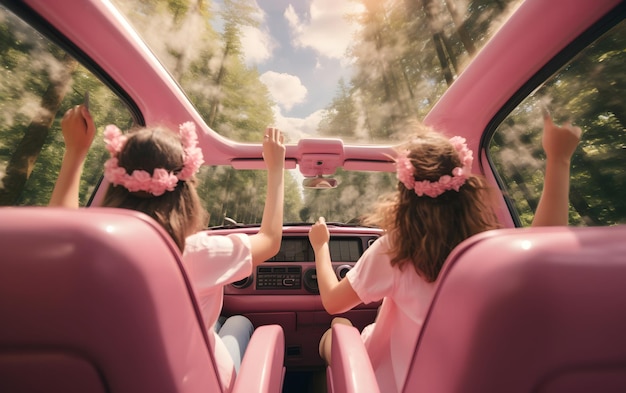 Two girls in a car with their hands up driving at summer