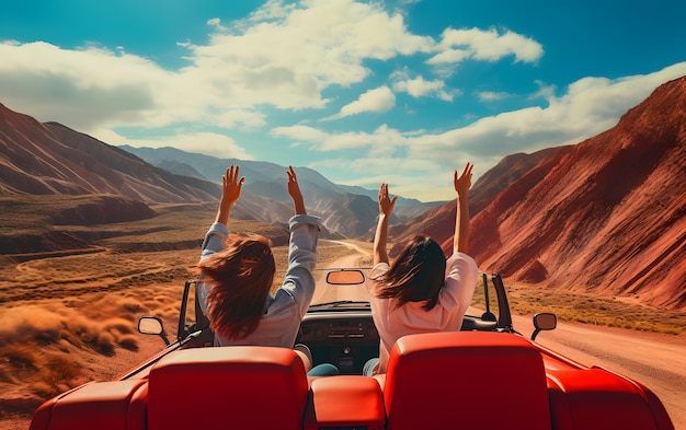 Two girls in a car with their hands up driving at summer