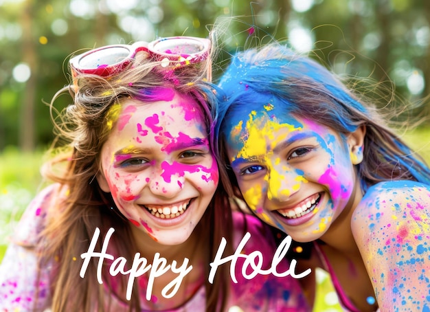 Photo two girls celebrating holi festival