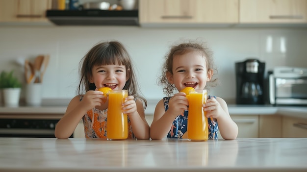 Photo two girls enjoying fresh orange juice in a modern kitchen during sunny morning hours