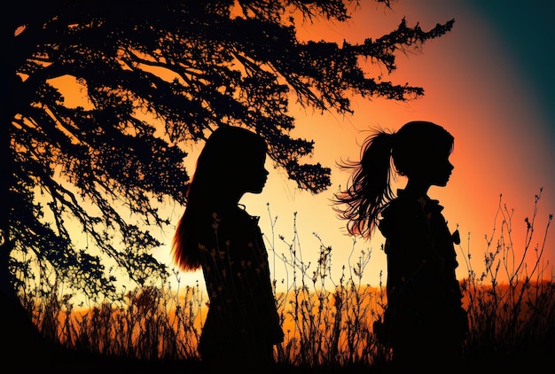 Two girls enjoying themselves in nature in a silhouette