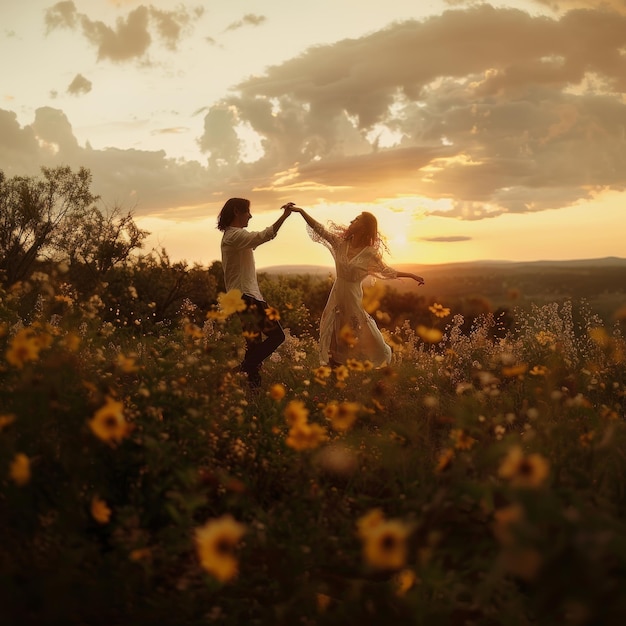 Photo two girls in a field of blooming yellow flowers at sunset