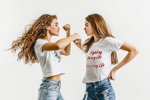 Photo two girls fighting with boxing gloves and one wearing a white shirt that says fight