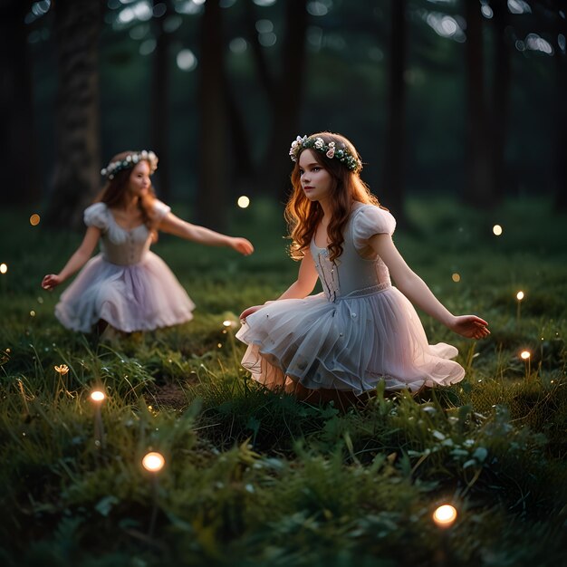 Photo two girls in a forest with lights in the background