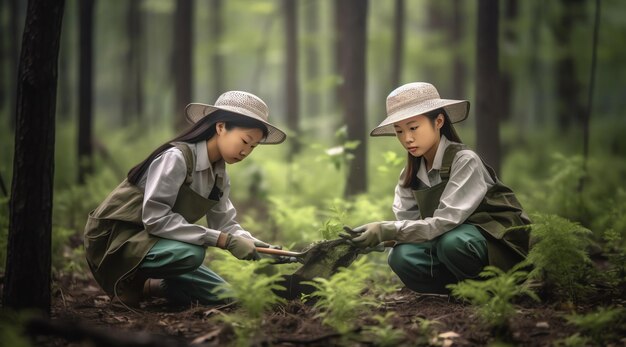 Two girls in the forest with a tree in the background