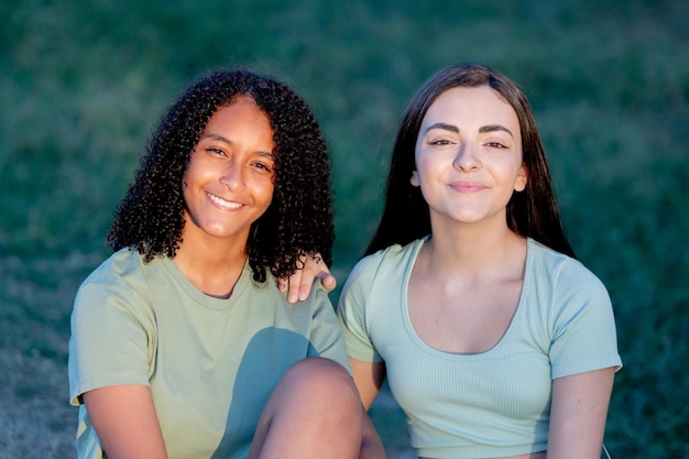 Two girls friends in the countryside enjoying