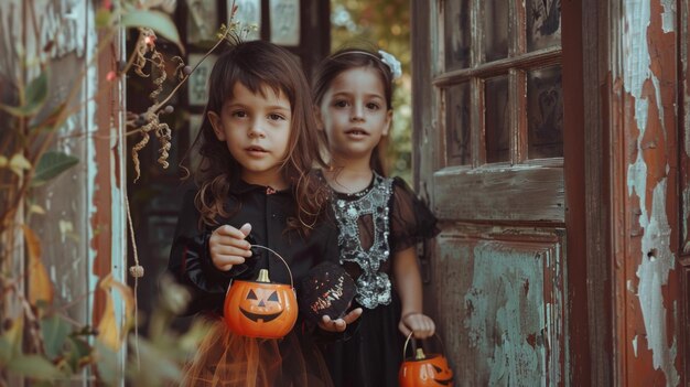 two girls in halloween costumes holding pumpkins one of which says  the other