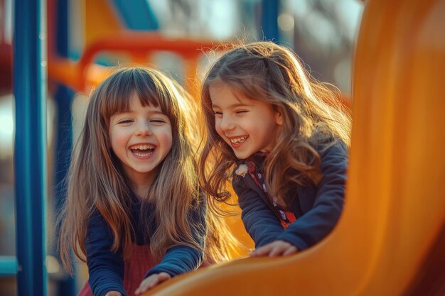 Two girls happily playing in the playground