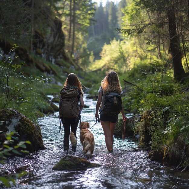 Photo two girls hiking with dog by river professional outdoor photo