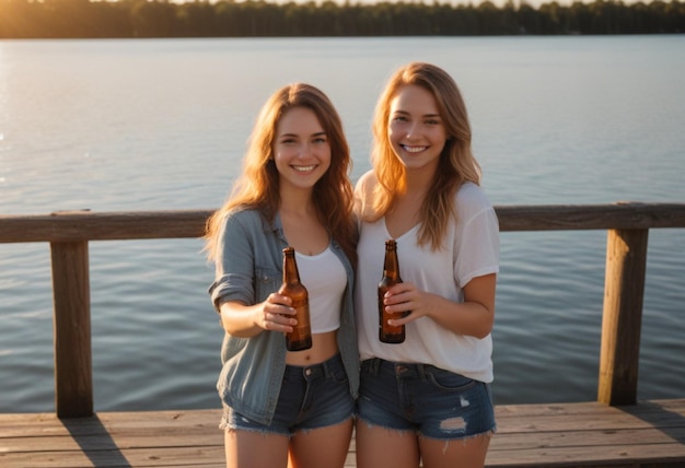 Photo two girls holding bottles of beer one of which has the word ale on it