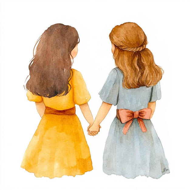 Photo two girls holding hands one of which has a yellow dress on it