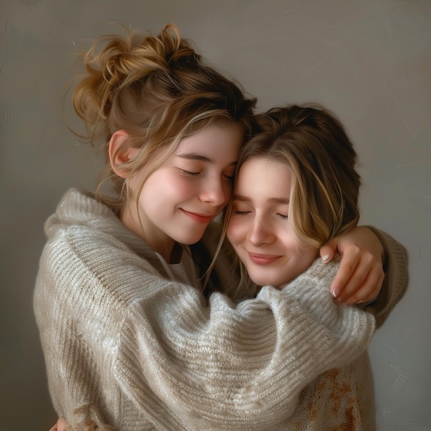 Photo two girls hugging each other one has a hug in her arms