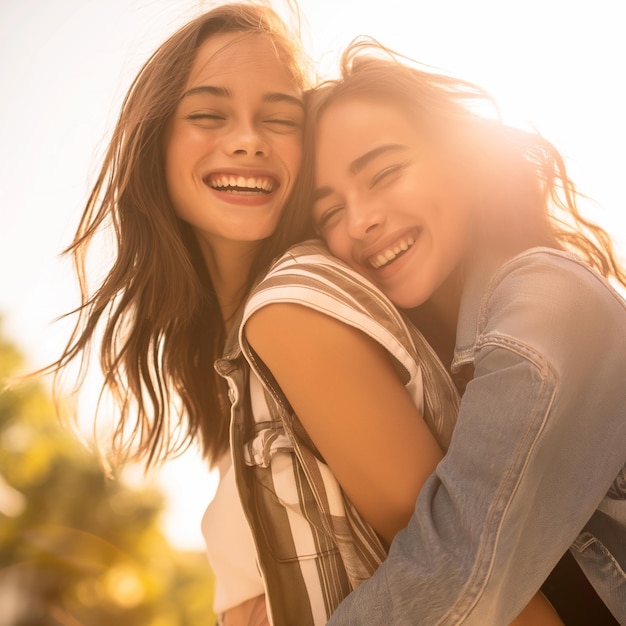 two girls hugging each other one has a white shirt that says the other is wearing friendship day