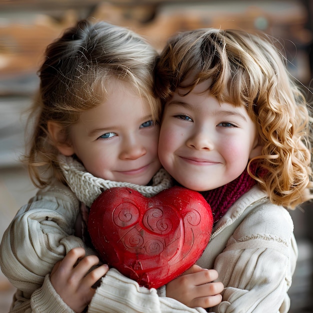 Photo two girls hugging each other with a heart that says  love