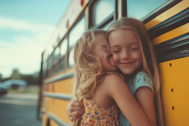 two girls hugging and hugging in front of a school bus