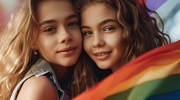 Photo two girls hugging and one has a rainbow colored cloth in the background