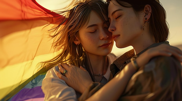 Photo two girls hugging and one has a rainbow flag behind them