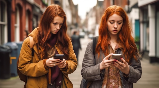 Two girls looking at their phones on a street