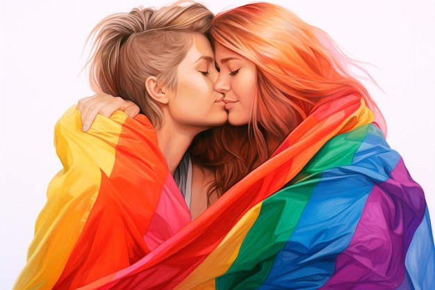 Two girls in love embrace wrapped LGBT flags Lesbian couple AI Generated