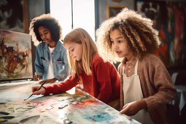 Photo two girls painting a picture together