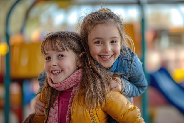 Two girls riding each others backs in a playground merrily