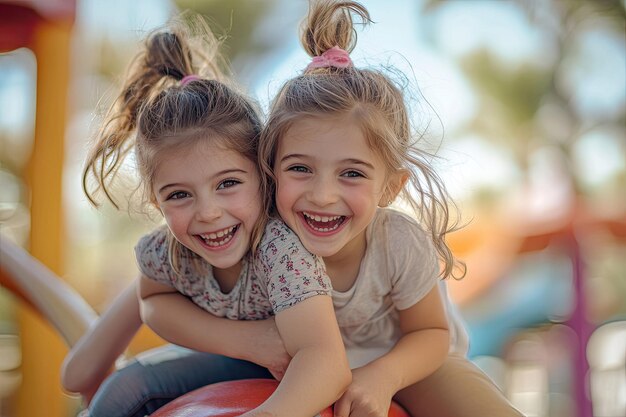 Two girls riding each others backs in a playground merrily