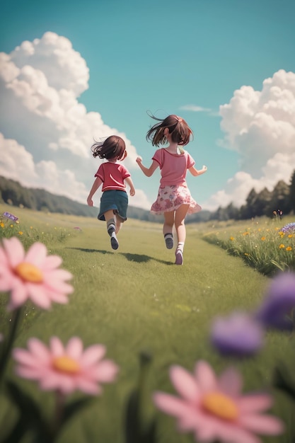 Two girls running on a path with a field of flowers in the background