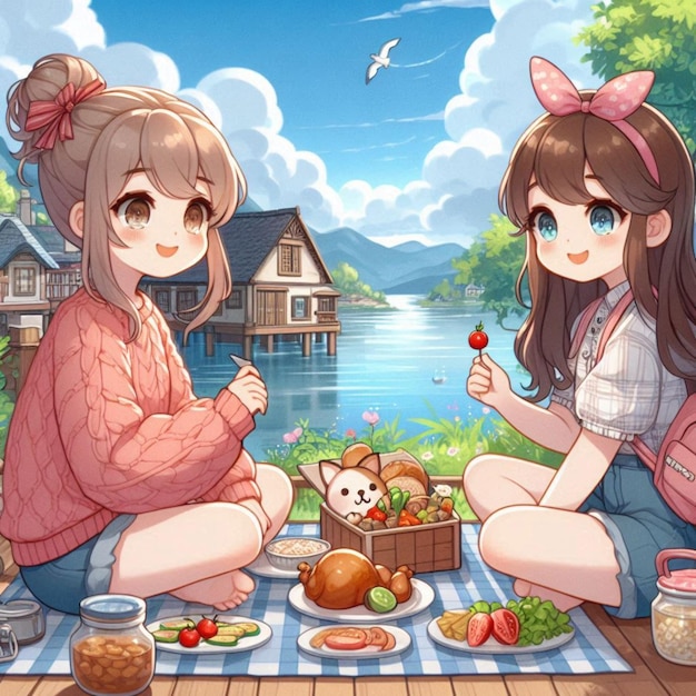 two girls sit on a deck one of which has a basket of food and the other has a basket of flowers