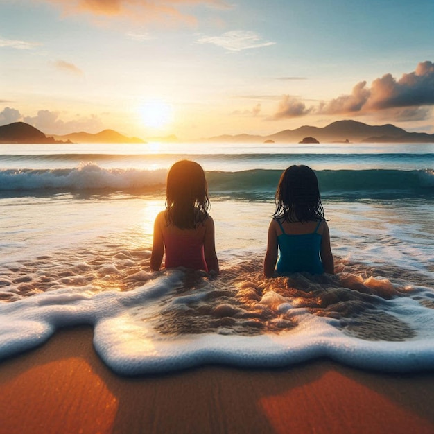 two girls sit in the ocean and look at the ocean