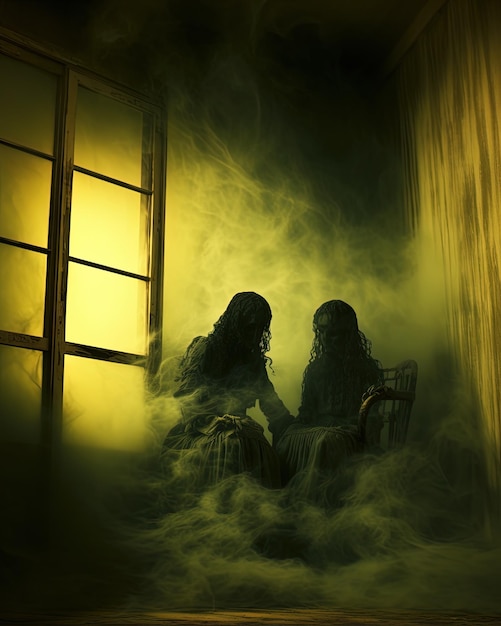 two girls sit in a room with a window in the background