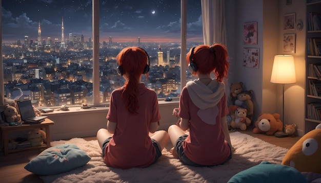 two girls sit in a window looking out at a city