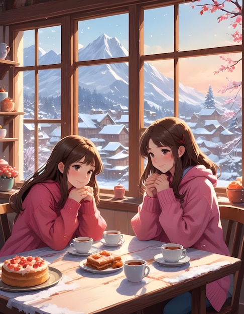 two girls sitting at a table with a window in the background