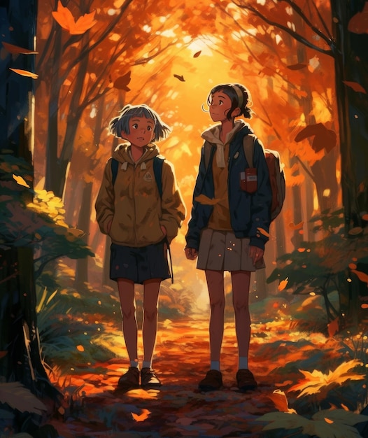 Two girls stand in a forest and look at the camera.