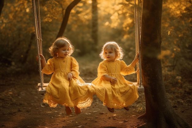 Two girls on a swing in the woods