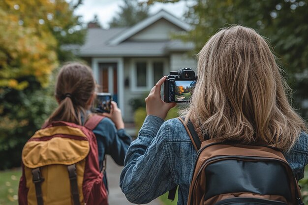 Photo two girls taking a picture with their camera