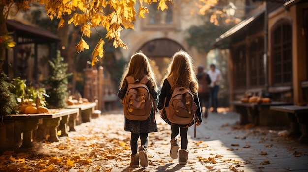 two girls walking in the autumn park back view