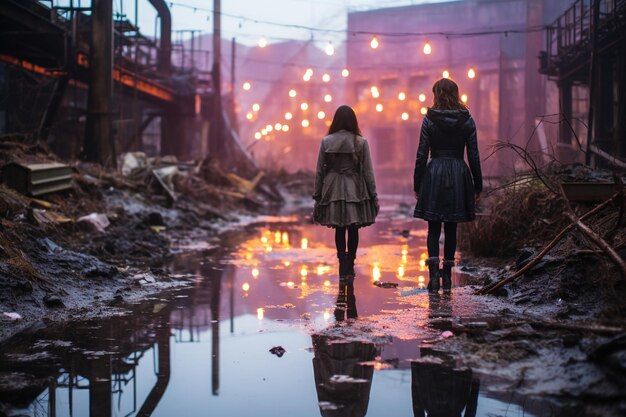 two girls walking in a puddle with a sign that says " the word " on it.