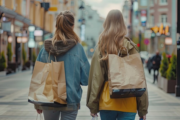 Photo two girls walking with shopping on city streets