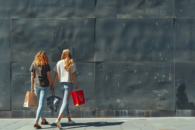 Photo two girls walking with shopping on city streets