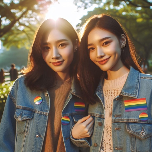 two girls wearing denim jackets with the word rainbow on them