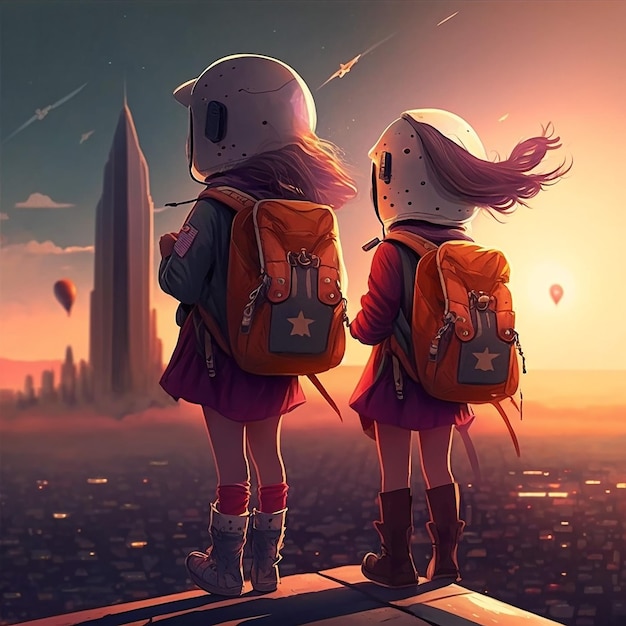 Two girls with backpacks stand on a ledge looking at a cityscape.