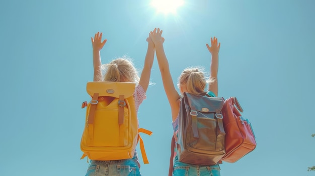 two girls with backpacks that say  backpacks