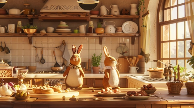 Two girls with bunny ears baking cookies in kitchen aige