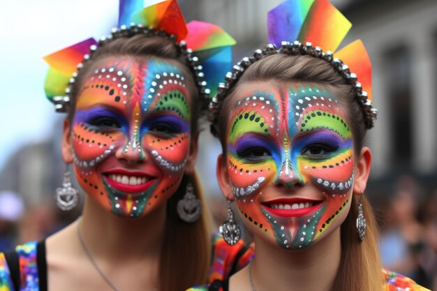 Two girls with face paint that say'rainbow'on them