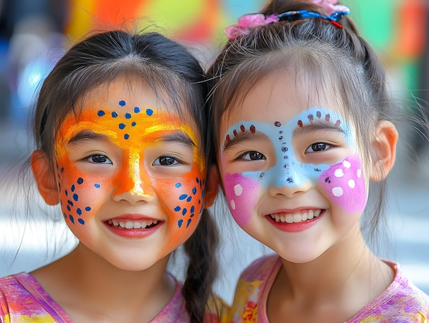 Photo two girls with face paint on their faces one of them has the other painted on her face