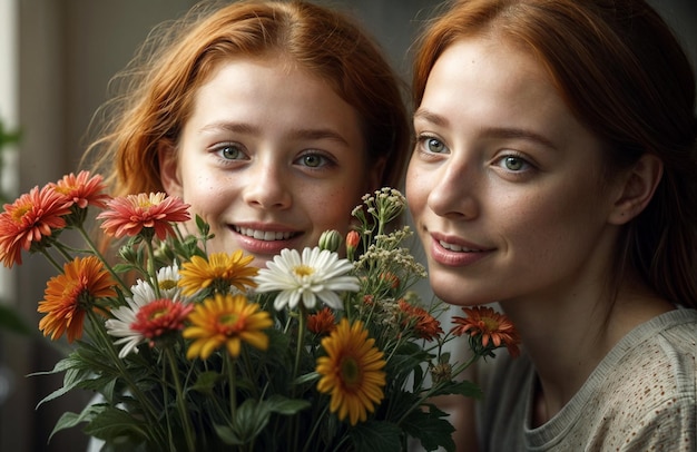 two girls with flowers and one has a picture of them that says quot the girl is smiling quot