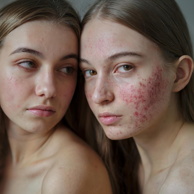 Photo two girls with freckles on their faces one has a freckles on her face